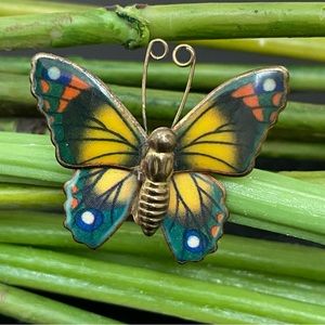 Vintage Blue & Yellow Enameled Gold-tone Small Butterfly Brooch